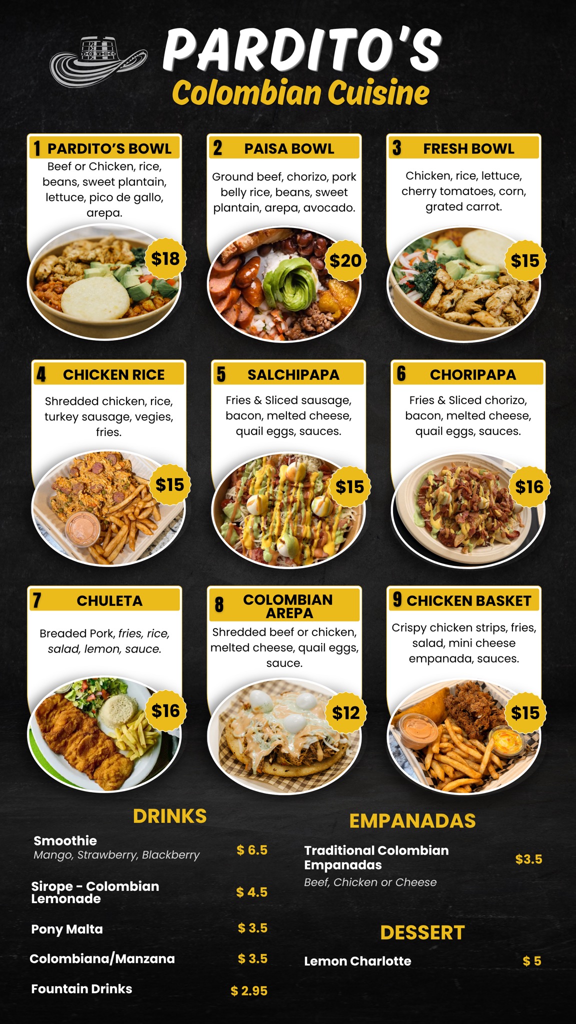 The Pardito's menu board, shown full screen.